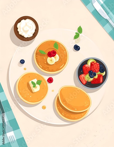 Delicious Pancakes with Fresh Fruit Toppings.