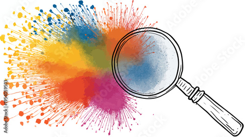 A hand-drawn magnifying glass over a vibrant watercolor explosion of color