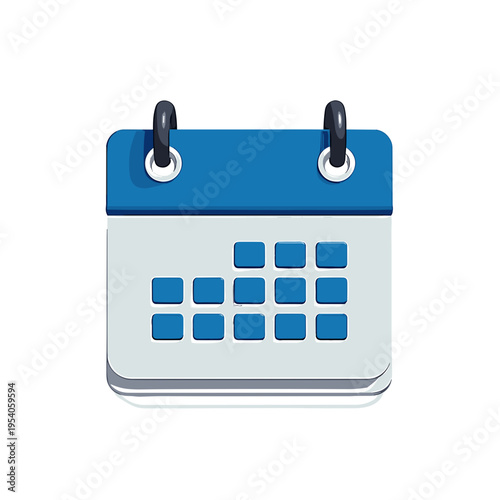 Calendar icon with blue top and white pages showing grid layout. Concept of scheduling, planning, or time management. Suitable for applications in project management and organization.