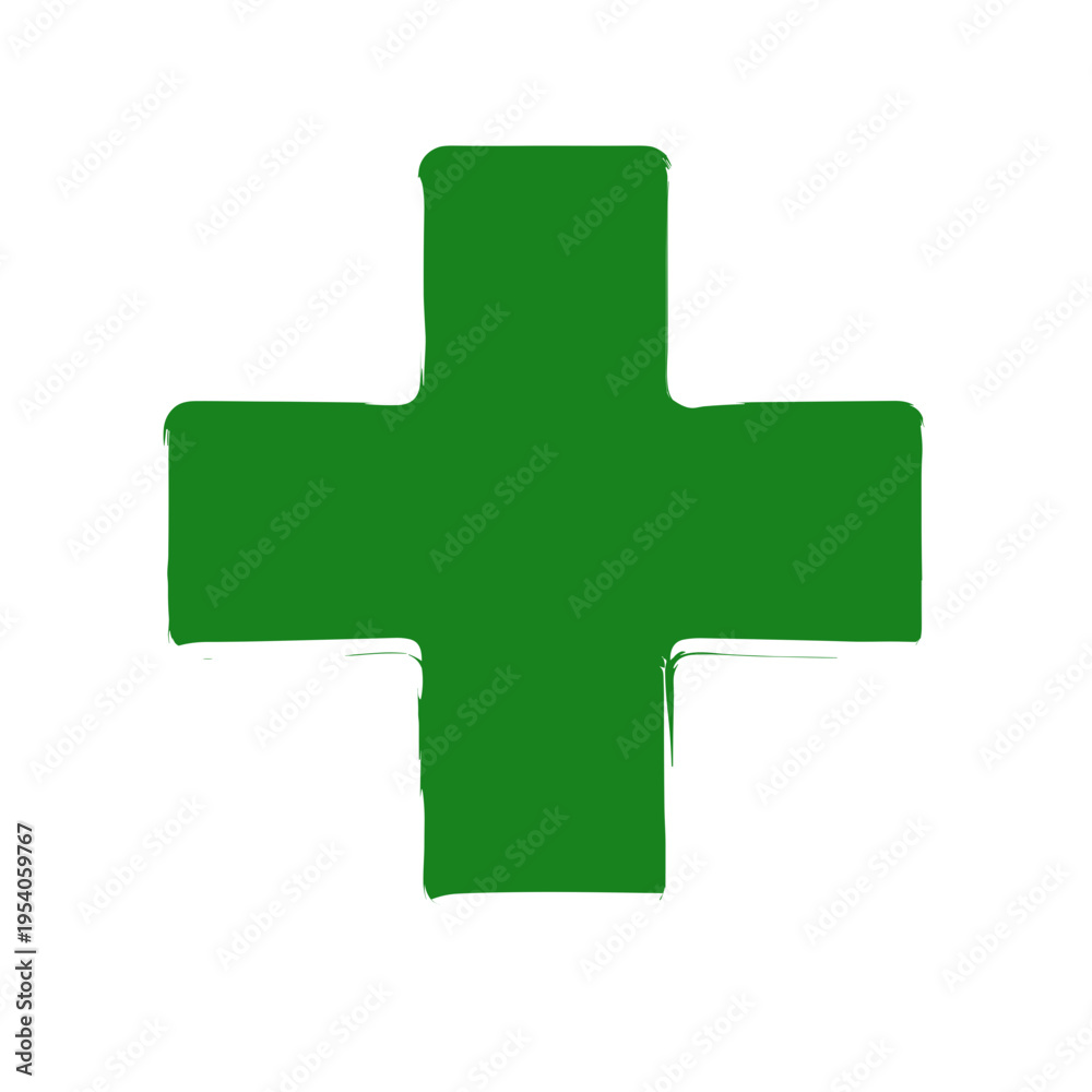 Obraz premium Green medical cross symbol on white background. Represents health care, wellness concepts, or first aid imagery. Useful for medical publications or wellness campaigns.
