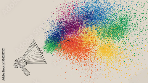 Line drawing of megaphone blasting colorful, pixelated spray. Beige background