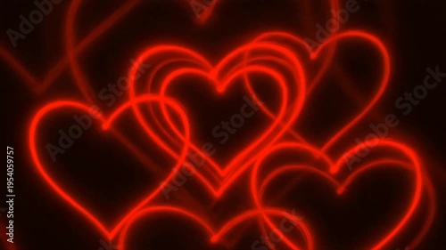 Red Neon Hearts on Black Background.