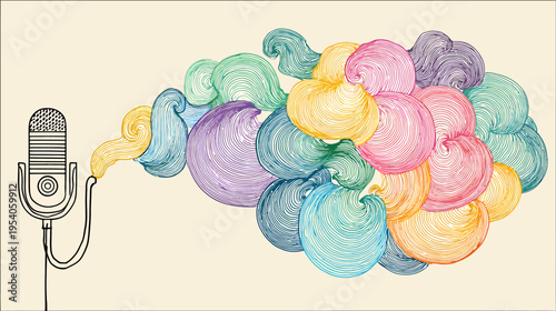 A stylized microphone spews colorful, swirling shapes, resembling sound waves, on a cream background