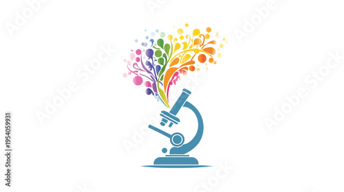 A blue silhouette of a microscope with colorful floral burst emerging from the lens on white background