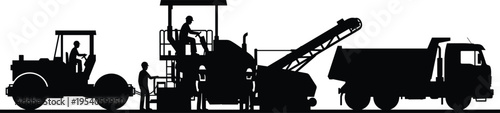 Silhouette illustration of road construction site with workers, dump truck, paver machine, conveyor system, and road roller engaged in asphalt paving and infrastructure development process