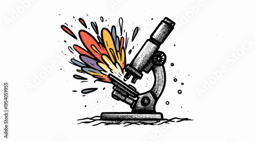 A hand-drawn illustration of a microscope with a colorful explosion erupting from the lens