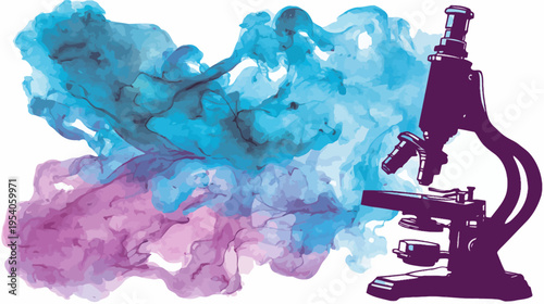 Illustration featuring a microscope with an abstract, watercolor-style backdrop of blue and purple hues
