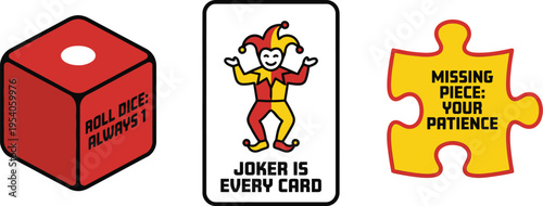 A set of three icons represents chance and trickery, featuring a die, a jester card, and a puzzle piece with text.
