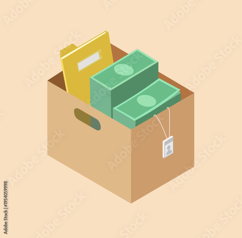 Minimal flat illustration of a cardboard donation box filled with money, envelopes and documents, representing charity, fundraising, financial support and social contribution.
