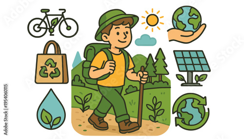 An eco friendly cartoon boy with a backpack and walking stick