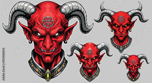 Detailed illustration set featuring aggressive red demonic satanic creature heads with large horns and pentagram symbols on transparent background