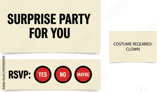 Invitation elements for a surprise party feature RSVP options and a mandatory clown costume requirement sign.