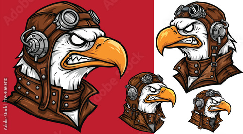 Fierce bald eagle head mascot cartoon wearing vintage leather aviator helmet and goggles, depicting strength, freedom, and patriotic spirit on transparent background. on transparent background
