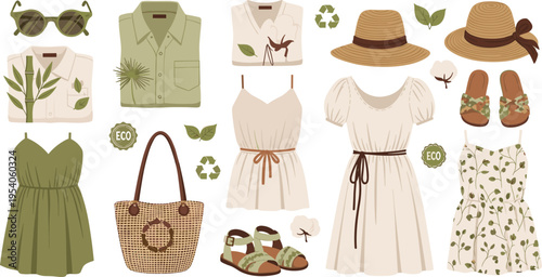 Eco Friendly Summer Fashion Vector Set with Dresses Sunglasses Hats Sandals Bags and Sustainable Clothing for Nature Lovers and Green Lifestyle Design