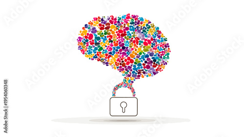 A brain composed of colorful dots, connected to a padlock, on a white background