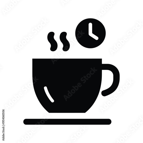 Coffee break icon showing steaming hot cup with clock symbol representing scheduled rest periods or breakfast time in workspace
