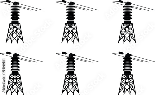 Stylized electrical transmission towers illustration showing variations in insulator design and voltage levels, modern energy infrastructure concept for 