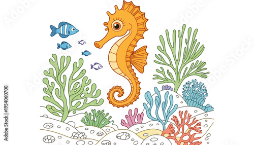 A seahorse illustration swimming in an underwater ocean scene with coral and fish