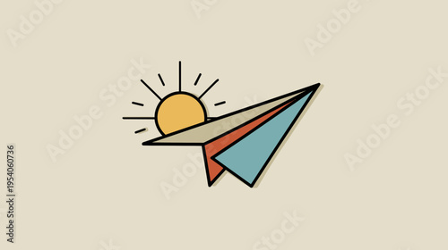 A flat illustration of a paper airplane and sun. The sun is next to the plane. Background is beige