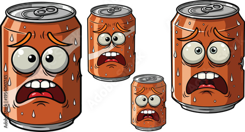 A collection of four cartoon beverage cans, two large and two small, showing expressions of shock and fear with condensation droplets, on transparent background. on transparent background