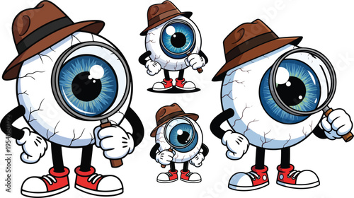 Collection of cartoon anthropomorphic eyeballs dressed as private investigators wearing fedora hats and holding magnifying glasses on transparent background