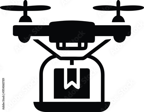 Black drone delivering a package with a white background delivery
