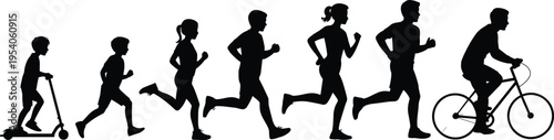Evolution of human movement silhouettes, child to adult running and cycling progression, fitness lifestyle concept, active people illustration, sport activity timeline