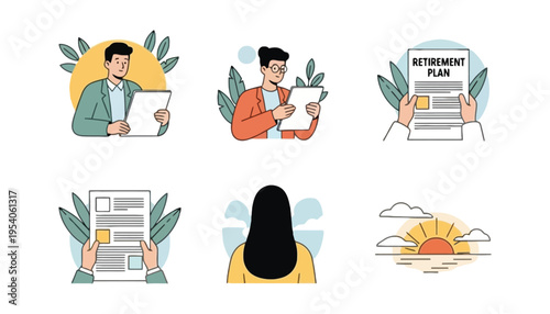 Retirement plan vector illustration with people and sunset background