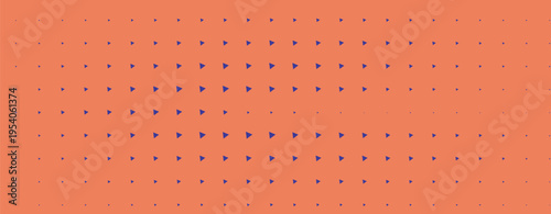 Geometric halftone pattern with small purple triangles on a vibrant coral orange background creating a dynamic and abstract visual texture with a retro and modern aesthetic perfect for graphic design