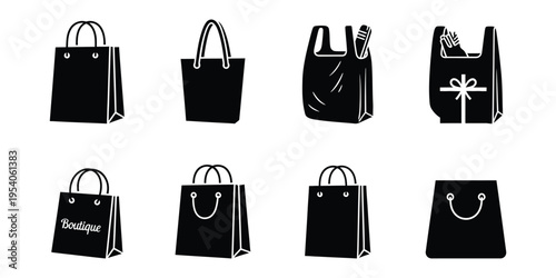 Collection of black shopping bags with various handles and designs