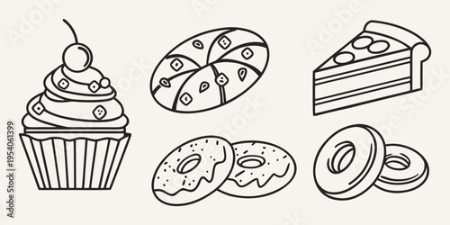 Assorted Baked Goods and Pastries Line cupcake cherry bagel donuts