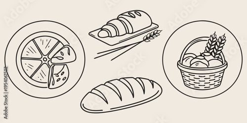 Black and white of bread and pastries line food croissant