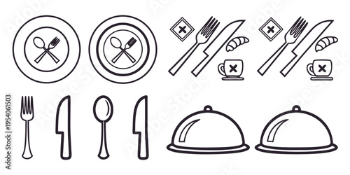 Black and white line restaurant tableware utensils