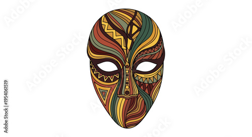 Vibrant tribal mask with abstract design and colorful patterns on a plain white background, showcasing a stunning face paint