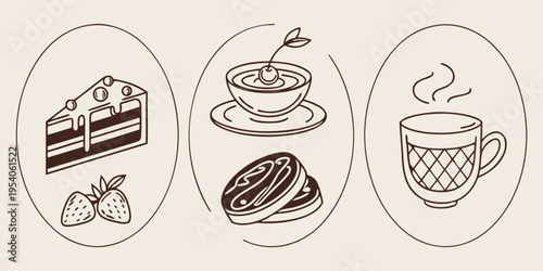 Brown line of desserts and coffee line brown cake strawberries