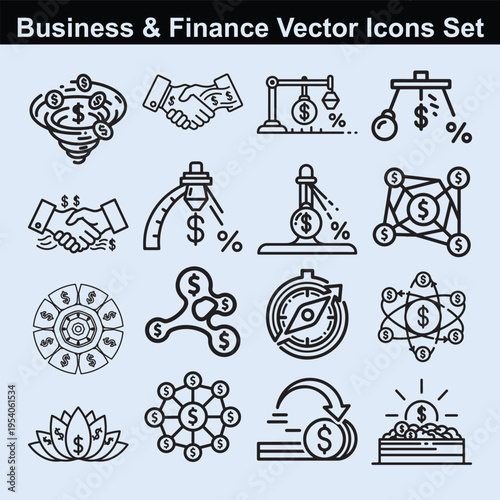 Business and finance vector icons set featuring diverse financial symbols such as money growth charts, investment pyramids, and secure money bags