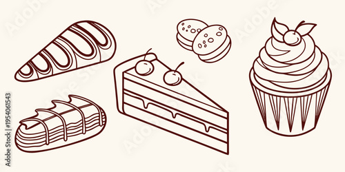 Brown line of assorted desserts line brown eclair cake slice cupcake