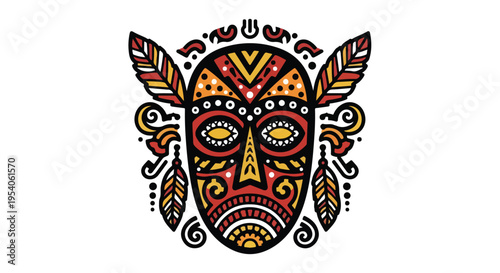Vibrant Abstract Mask tribal design with colorful patterns on a white background