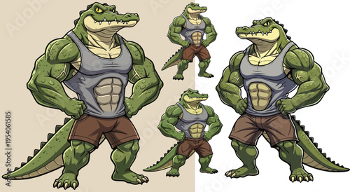 Powerful and muscular cartoon alligator character proudly standing with hands on hips, showcasing a strong physique and confident pose on transparent background. on transparent background