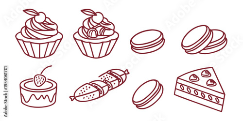Red line of various desserts cupcakes macarons eclairs