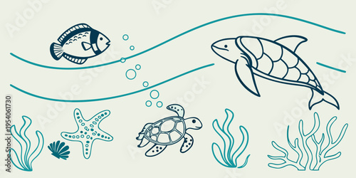 Underwater scene with sea creatures and plants fish turtle starfish