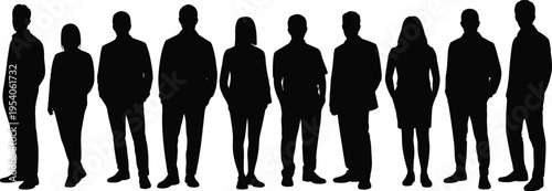 Large group of people silhouettes standing together, diverse men and women figures isolated, community crowd concept, social diversity, modern society illustration
