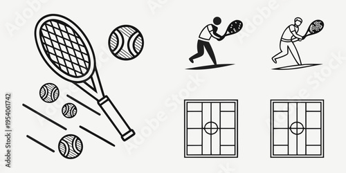 Tennis racket and balls with players and courts