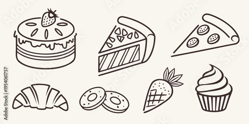 Various Desserts and Baked Goods Line cake strawberry pizza cupcake muffin