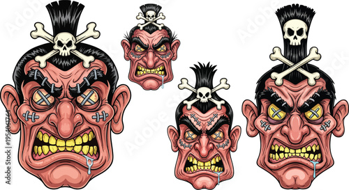 Collection of four angry cartoon punk rocker heads featuring mohawks skulls and crossbones imagery on transparent background