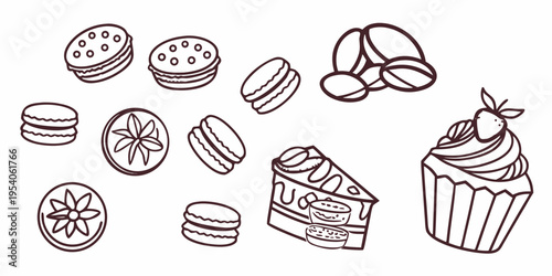 Assorted desserts and macarons cupcakes cake cookies