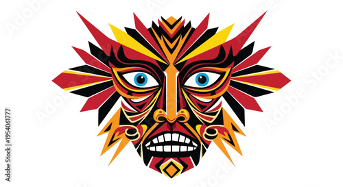 Vibrant abstract tribal mask with sharp geometric patterns and blue eyes on a white background, conveying a bold and artistic expression