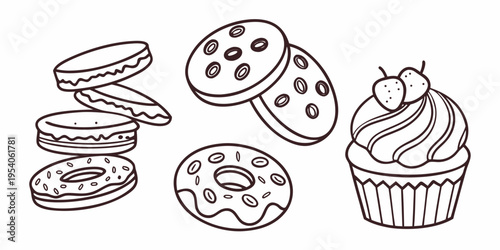 Assorted sweet baked goods and desserts cookies donuts cupcake