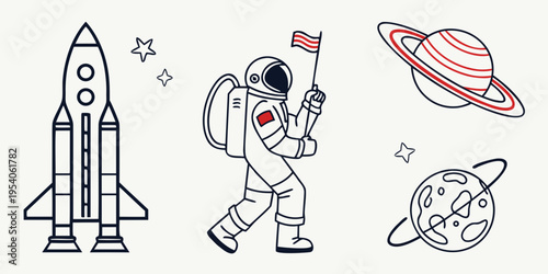 Astronaut walking on space with flag and planets rocket