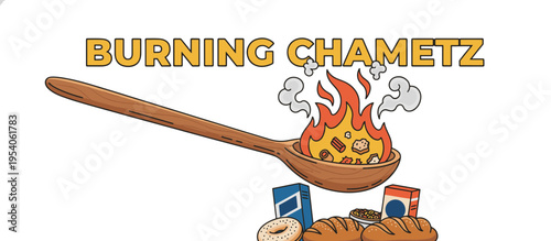 Burning Chametz vector illustration. Jewish Passover tradition of destroying leavened bread in a wooden spoon. Flat design isolated on transparent background